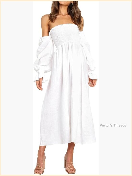 Dresses & Skirts - Long Sleeve Smocked Off Shoulder A-Line Midi Dress Casual Flowy